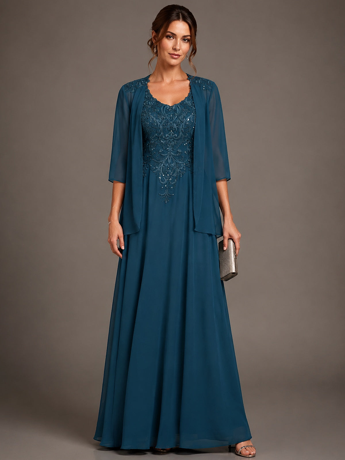 A-line 2 Pieces Chiffon Appliques Mother of The Bride Dresses with Jackets