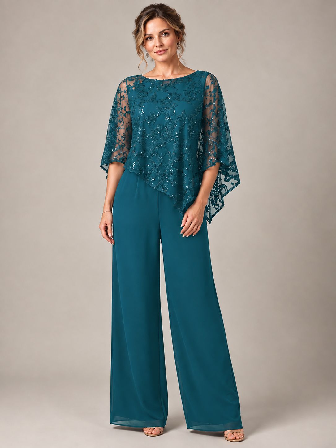 3/4 Sleeve Sequin Chiffon Jumpsuit with Cape