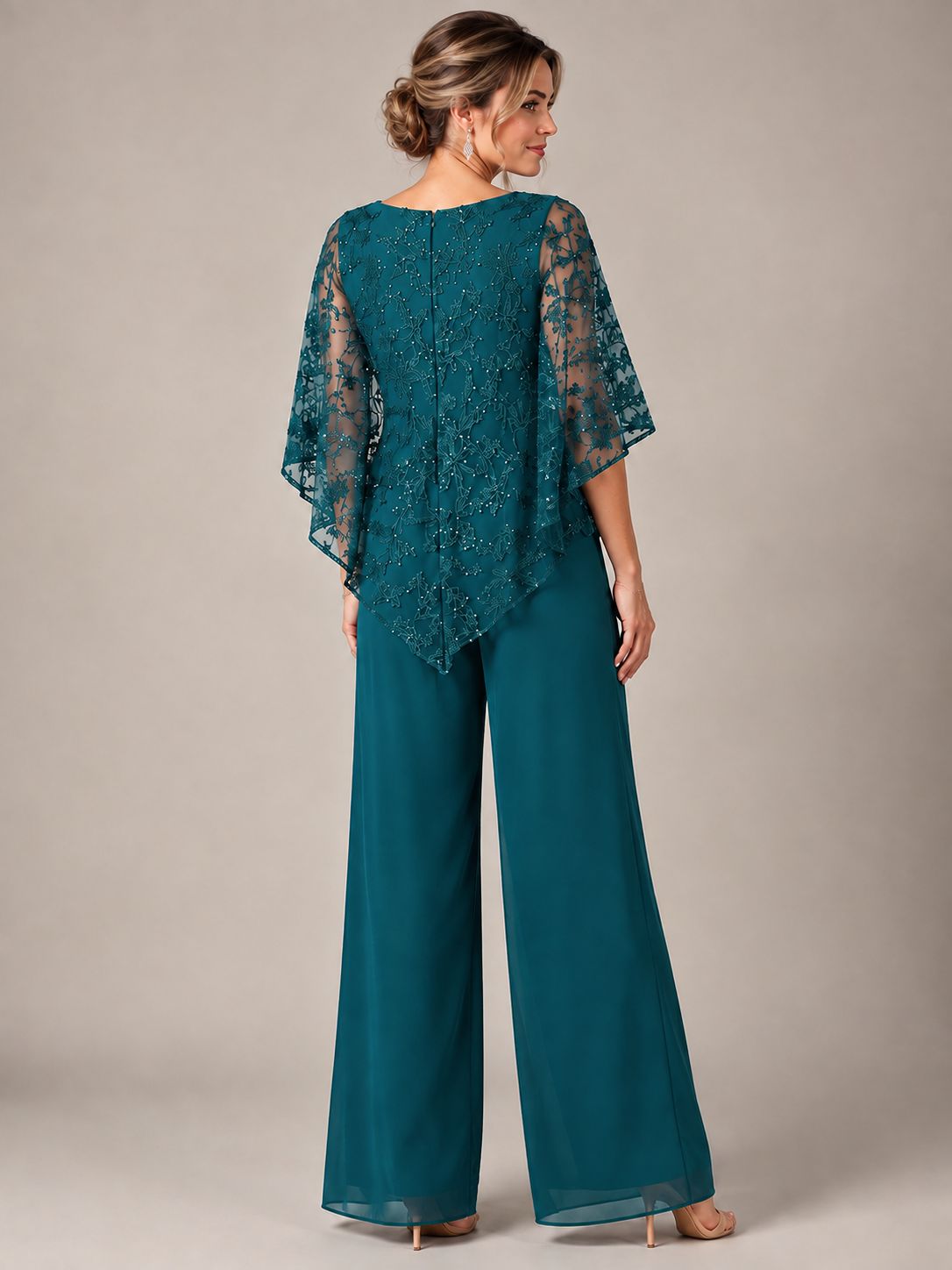 3/4 Sleeve Sequin Chiffon Jumpsuit with Cape