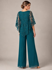 3/4 Sleeve Sequin Chiffon Jumpsuit with Cape