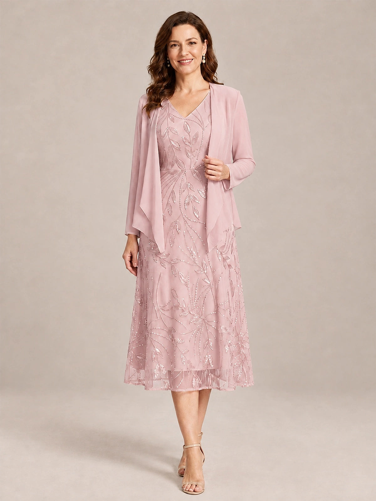Pink-2 Piece Lace Appliques Chiffon Mother of The Bride Dress with Sequin