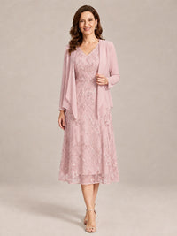 Pink-2 Piece Lace Appliques Chiffon Mother of The Bride Dress with Sequin