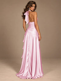 Burgundy Halter Deep V-Neck Ruched High Slit Ruffle Prom Dress