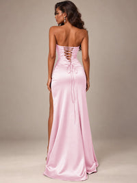 Burgundy Strapless Sparkly Corset Prom Dress with High Slit