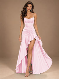 Burgundy Spaghetti Strap Ruched Prom Dress with Ruffled High Slit