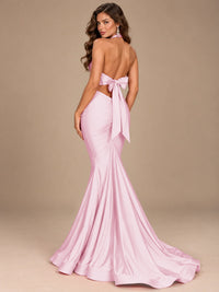 Pink Halter Deep V-Neck Ruched Mermaid Prom Dress