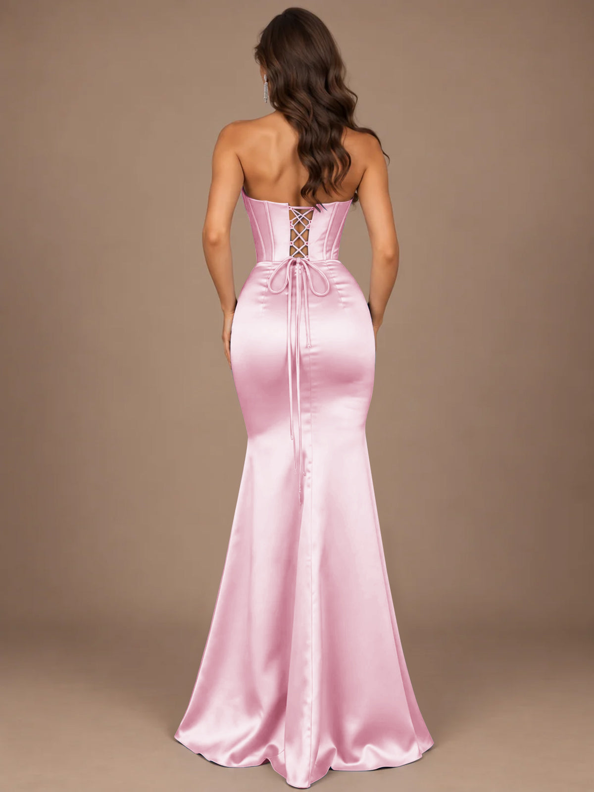 Dusty Blue Strapless Lace Corset Prom Dress with High Slit