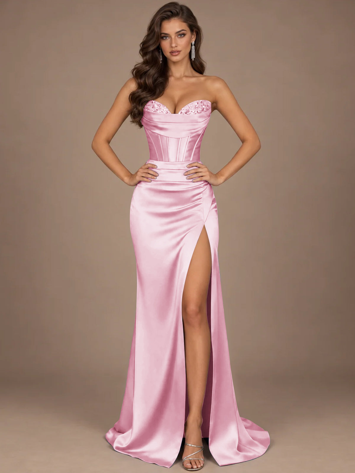 Dusty Blue Strapless Lace Corset Prom Dress with High Slit