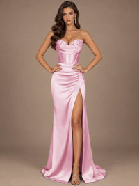 Dusty Blue Strapless Lace Corset Prom Dress with High Slit
