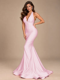 Pink Halter Deep V-Neck Ruched Mermaid Prom Dress