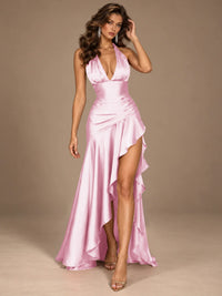 Burgundy Halter Deep V-Neck Ruched High Slit Ruffle Prom Dress