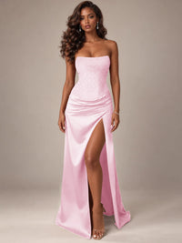 Burgundy Strapless Sparkly Corset Prom Dress with High Slit