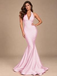 Pink Halter Deep V-Neck Ruched Mermaid Prom Dress