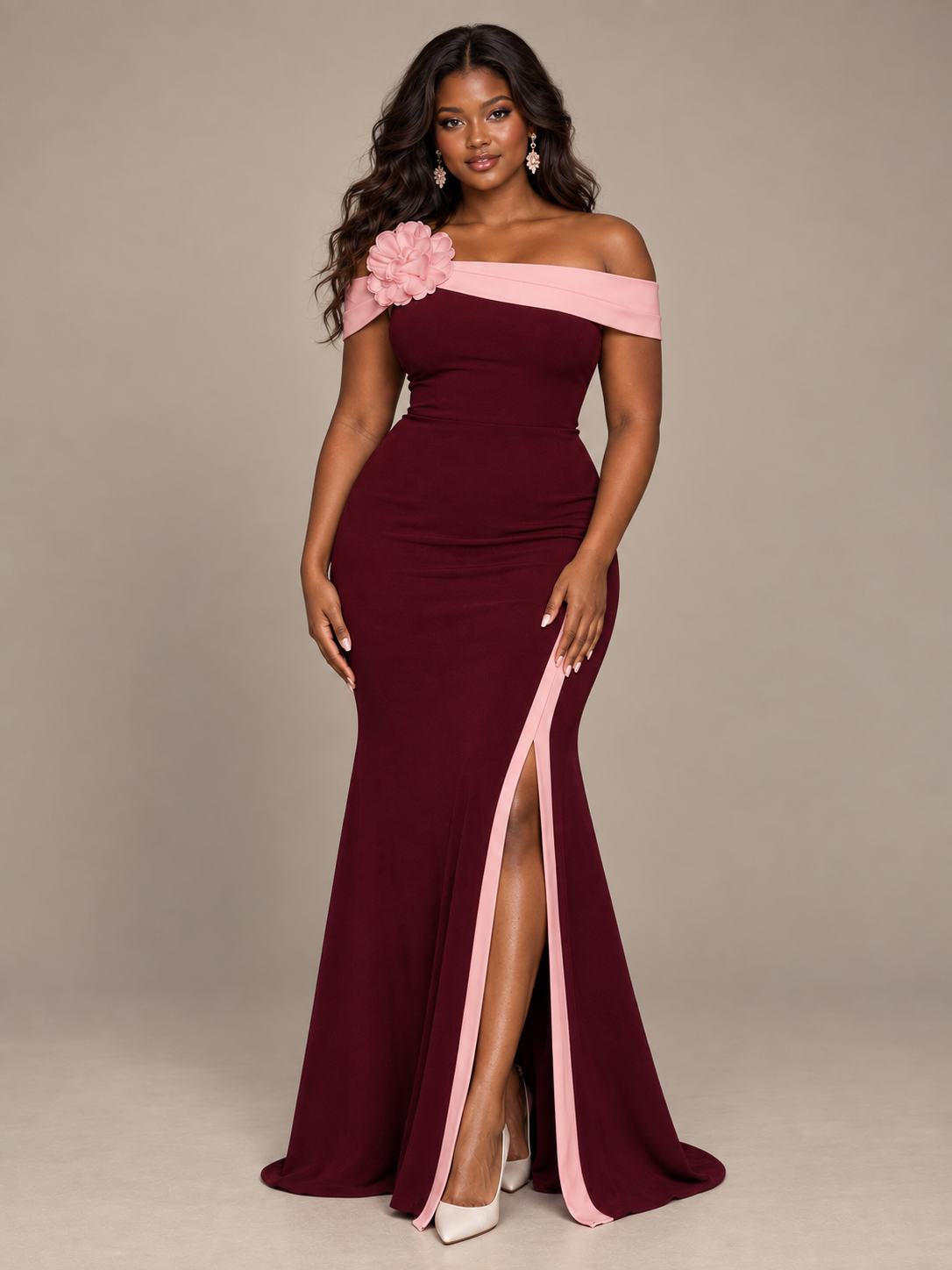 pink and red Off-the-Shoulder Floral Applique High-Slit Gown