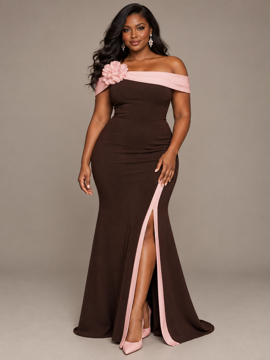 pink and brown Off-the-Shoulder Floral Applique High-Slit Gown