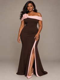 pink and brown Off-the-Shoulder Floral Applique High-Slit Gown
