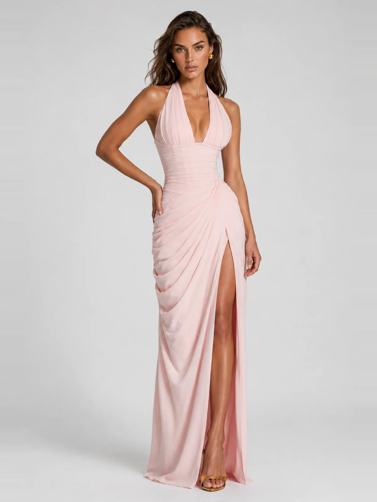 Ruched Halter Neck High-Slit Prom & Evening Dress