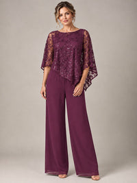 3/4 Sleeve Sequin Chiffon Jumpsuit with Cape