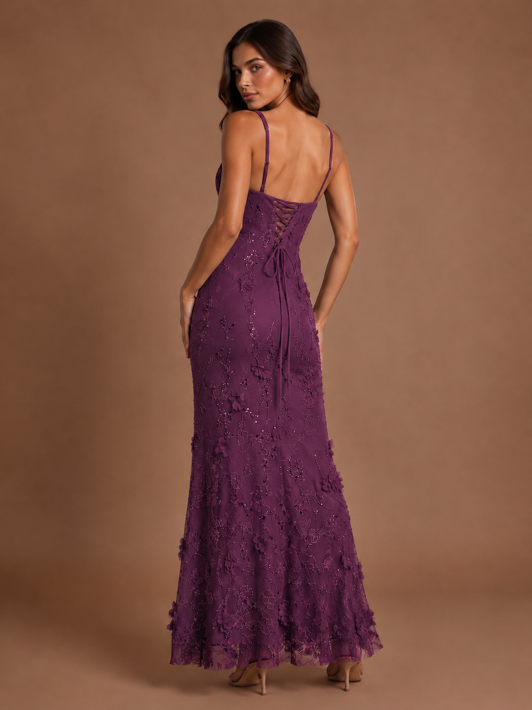 Floral Applique Mermaid Formal Dress with Lace-Up Back