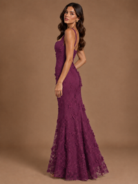 Floral Applique Mermaid Formal Dress with Lace-Up Back