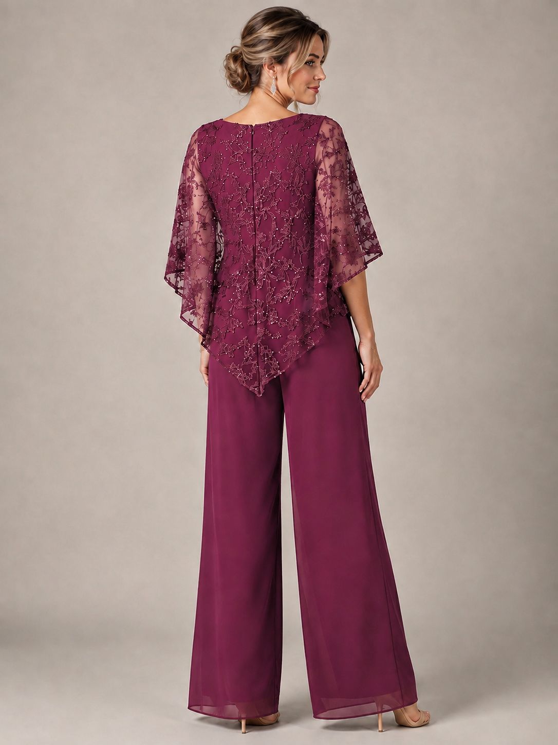 3/4 Sleeve Sequin Chiffon Jumpsuit with Cape