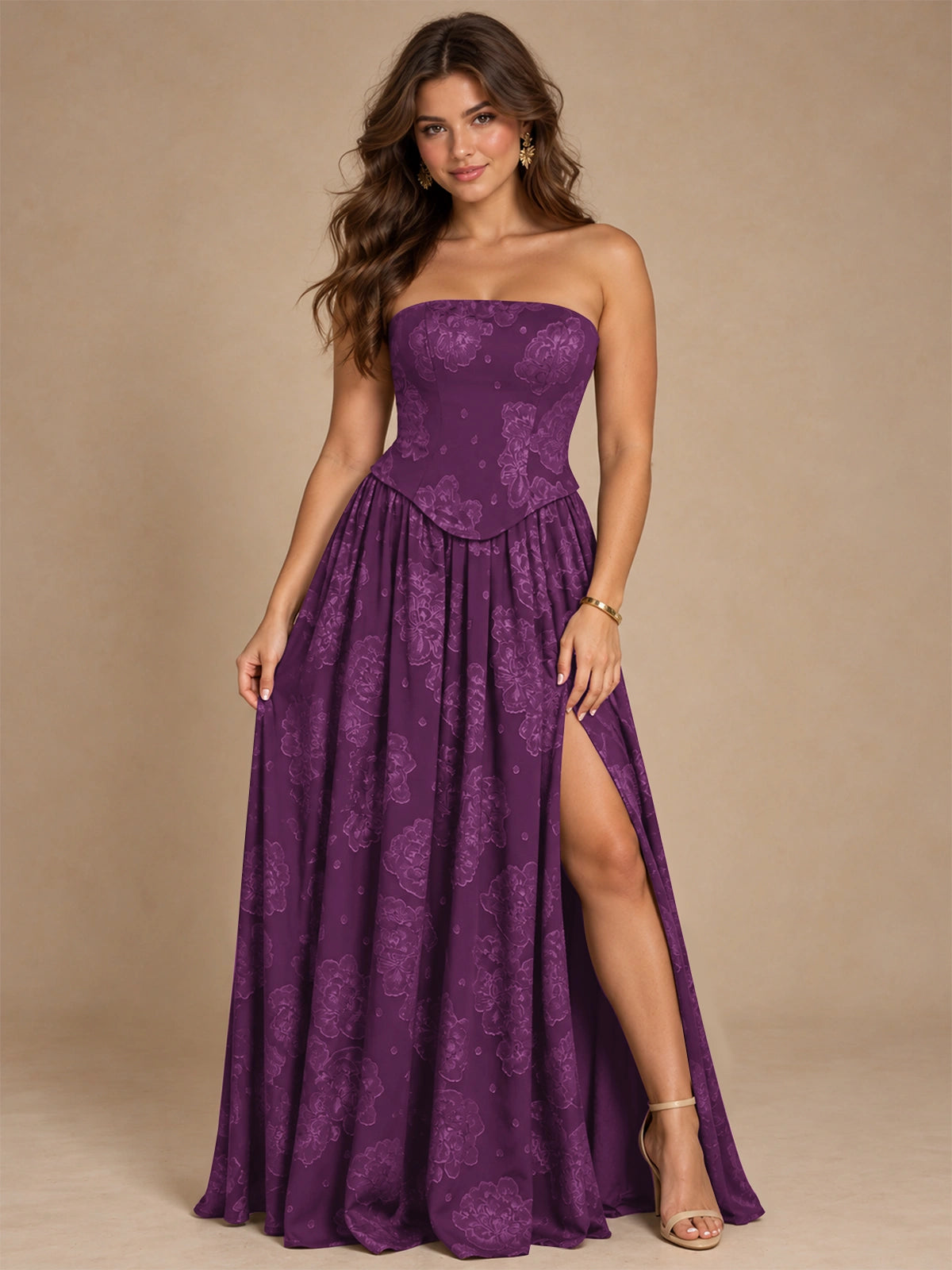 Chocolate Brown Floral Strapless Corset A-Line Evening Gown with Slit