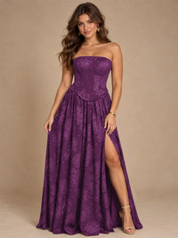 Chocolate Brown Floral Strapless Corset A-Line Evening Gown with Slit