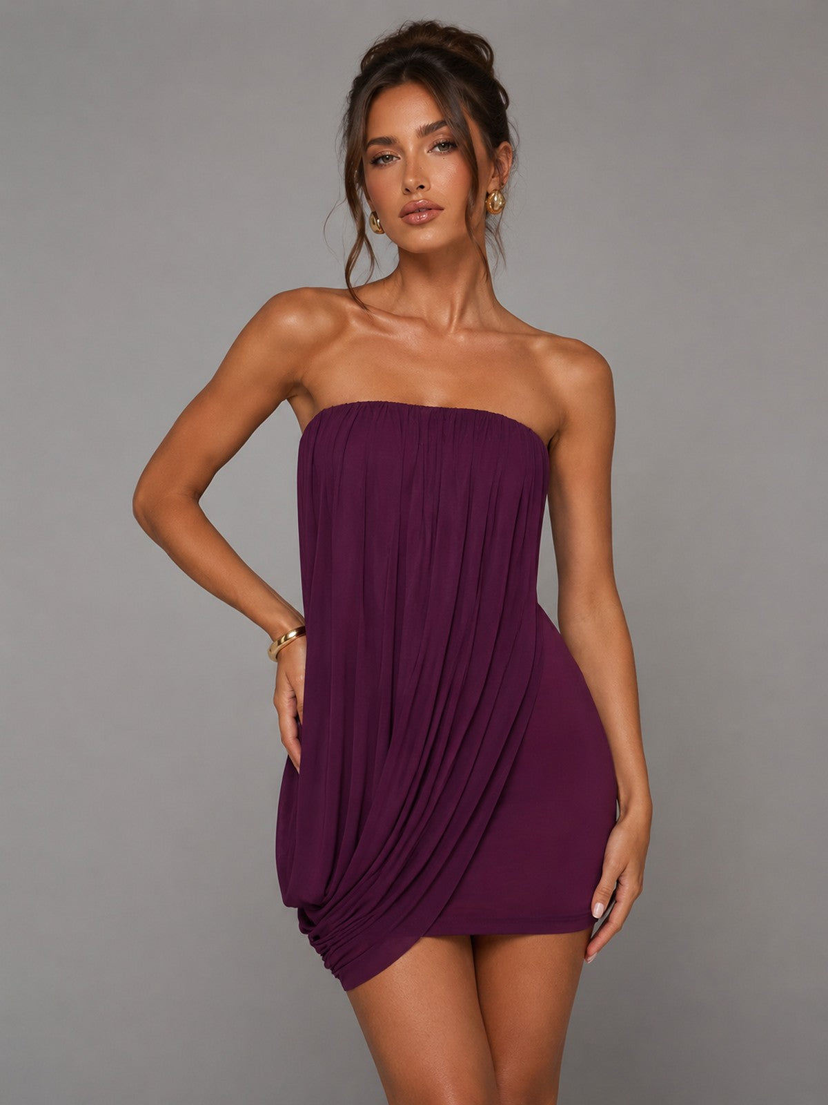 Black Strapless Mini Dress with Draped Ruched Detail
