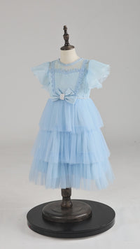 a-line tiered tulle flower girls with bow light blue 
