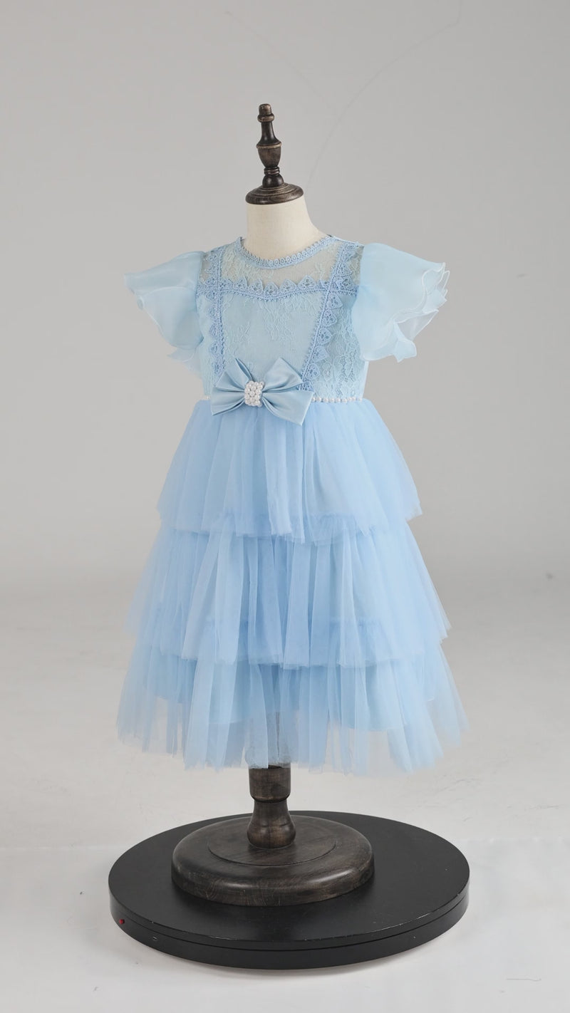 a-line tiered tulle flower girls with bow light blue 