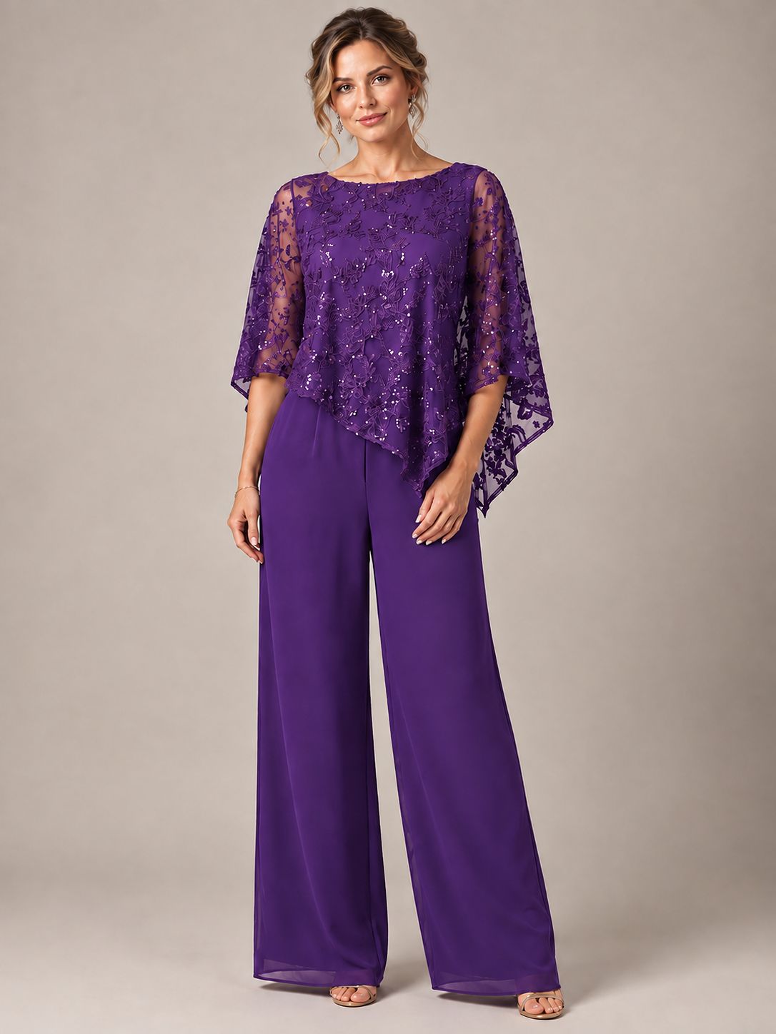 3/4 Sleeve Sequin Chiffon Jumpsuit with Cape