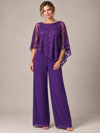 3/4 Sleeve Sequin Chiffon Jumpsuit with Cape