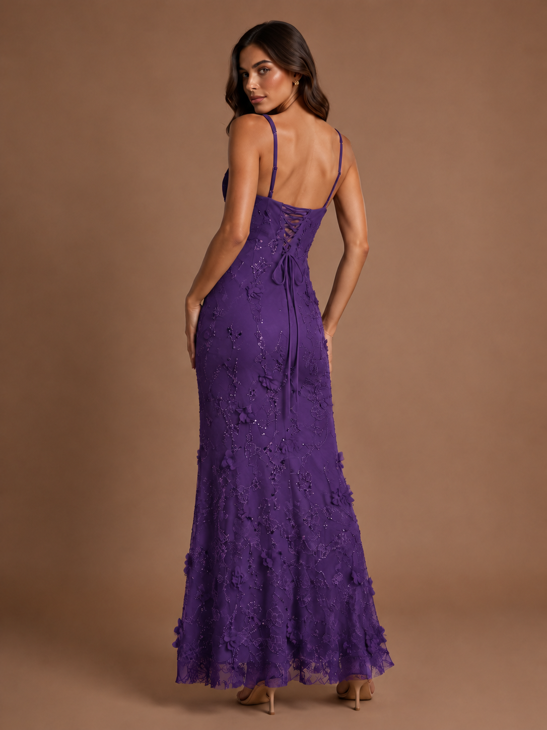 Floral Applique Mermaid Formal Dress with Lace-Up Back