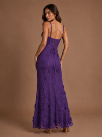 Floral Applique Mermaid Formal Dress with Lace-Up Back