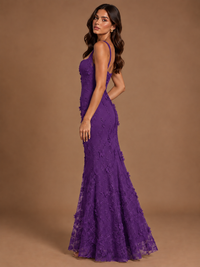 Floral Applique Mermaid Formal Dress with Lace-Up Back