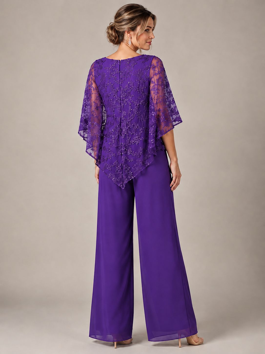 3/4 Sleeve Sequin Chiffon Jumpsuit with Cape