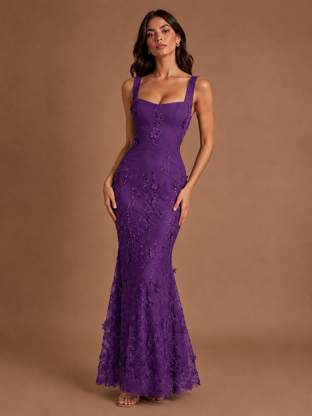 Floral Applique Mermaid Formal Dress with Lace-Up Back