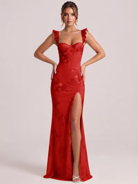 Sweetheart Floral Applique Corset Mermaid Prom Dress with High Slit