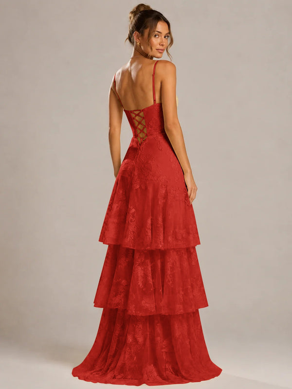 Tiered Ruffles Floral Embroidery Prom Dress