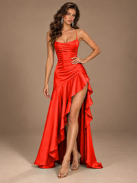 Burgundy Spaghetti Strap Ruched Prom Dress with Ruffled High Slit
