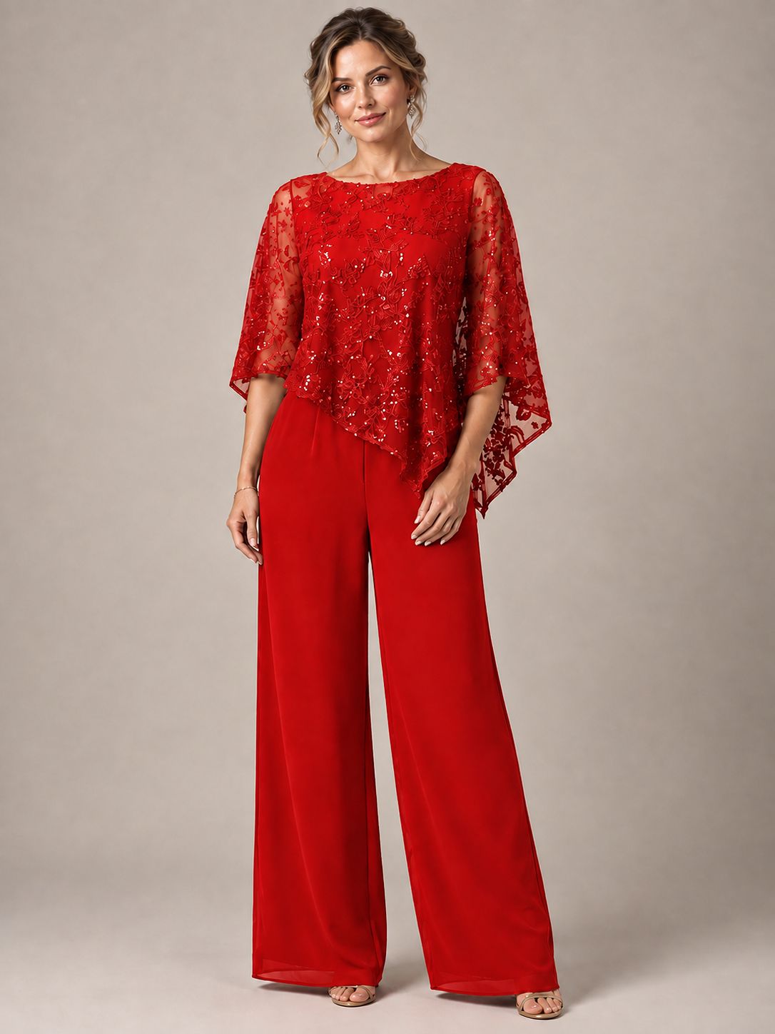 3/4 Sleeve Sequin Chiffon Jumpsuit with Cape