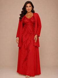 Champagne Beaded Chiffon Mother of the Bride Dress with Jacket V-Neck Gown