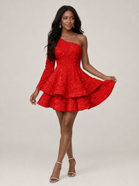 Puffy One Shoulder Sequin Tiered Mini Dress