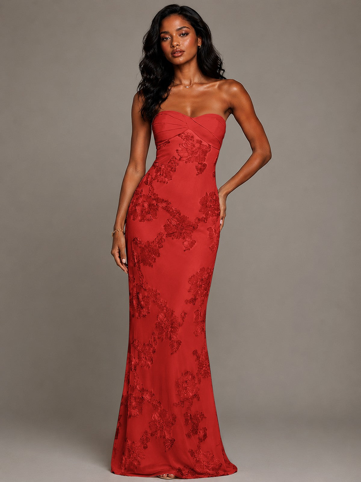 Strapless Floral Applique Mermaid Prom Dress