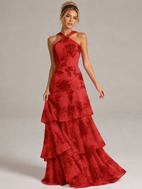 Tiered Ruffles Halter Floral Applique Prom Dress