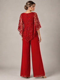 3/4 Sleeve Sequin Chiffon Jumpsuit with Cape