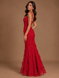 Floral Applique Mermaid Formal Dress with Lace-Up Back