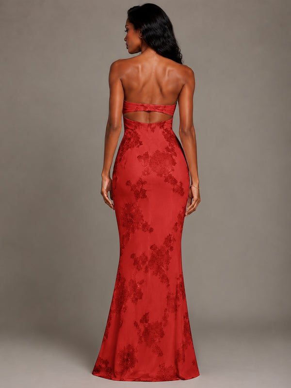 Strapless Floral Applique Mermaid Prom Dress