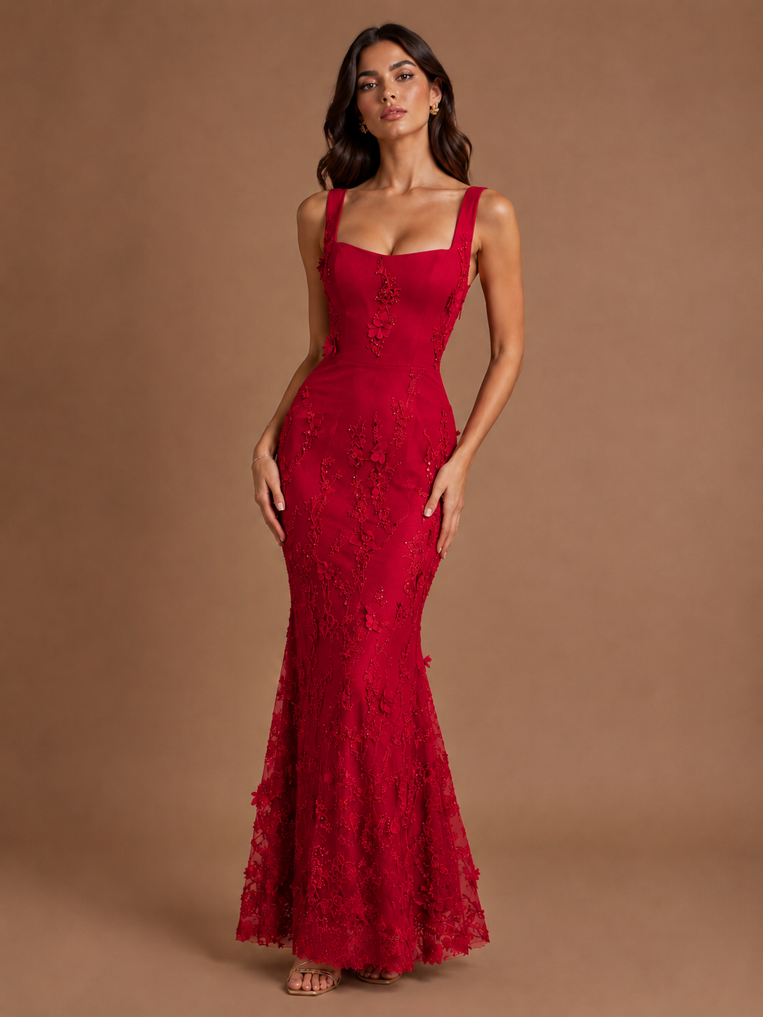 Floral Applique Mermaid Formal Dress with Lace-Up Back