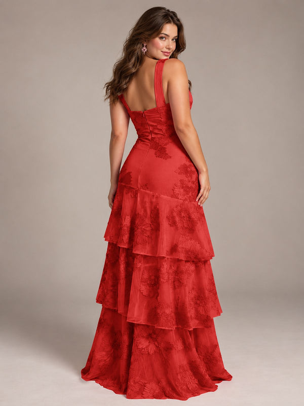 Tiered Ruffles Halter Floral Applique Prom Dress